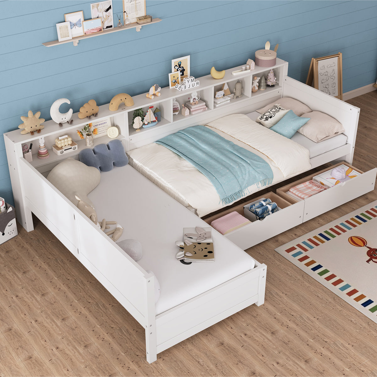 variant-group:rf-n733s369272k|Roomfitters Twin L-Shaped Daybed for 2 with 3 Storage Drawers, Wooden Corner Bed Frame with Bookshelf for Bedroom, White