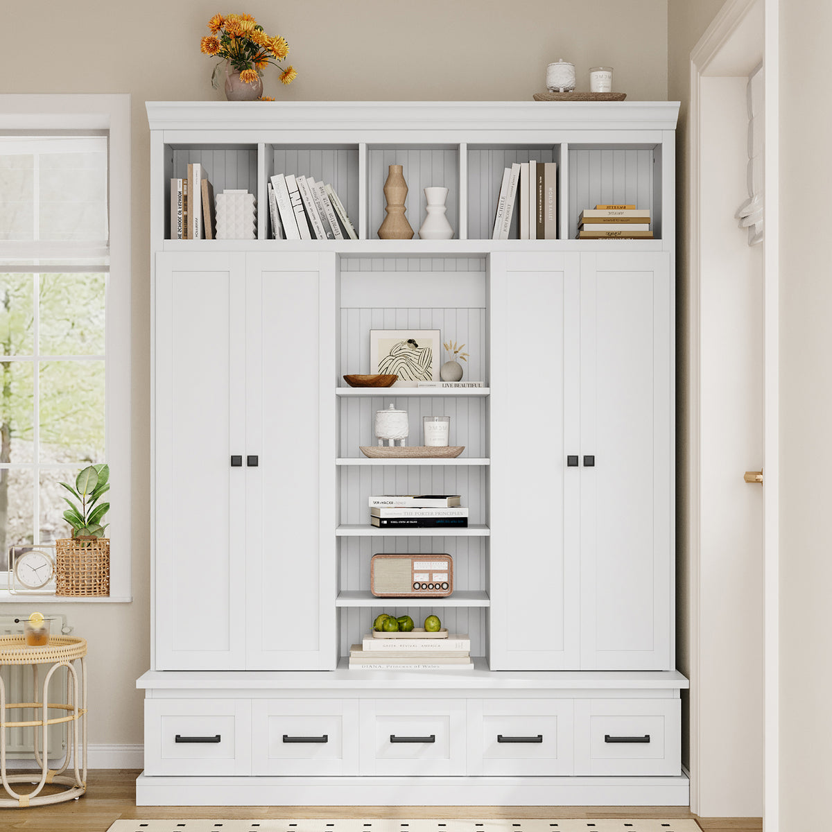 variant-group:rf-n724sj000139aak|Roomfitters 78.7" Hall Tree with Bench, 5 Cubbies, 4 Doors, 5 Drawers, Adjustable Shelves, White