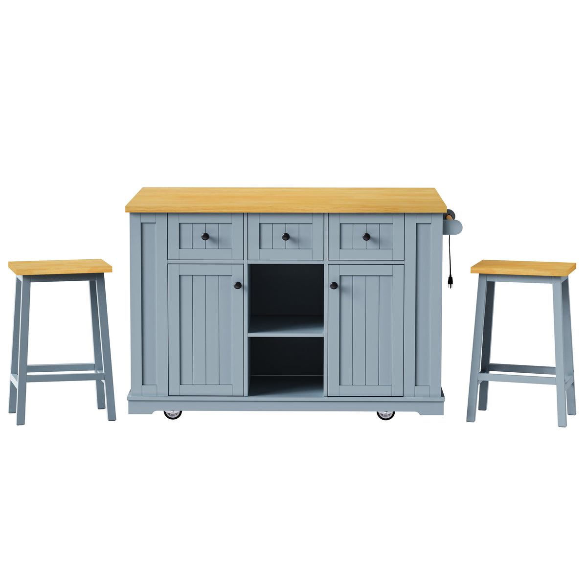 variant-group:rf-n707s003007g|Roomfitters 53" Kitchen Island with 2 Bar Stools, Drop Leaf, Power Outlet, Rolling Kitchen Cart Set with Storage, Grey-Blue