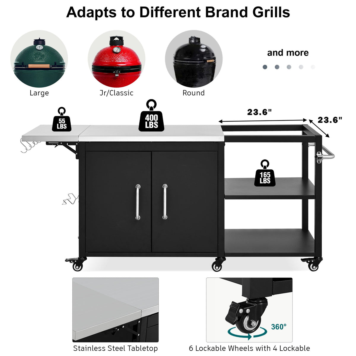 Roomfitters 76.6" Grill Cart with Stainless Steel Top and Kamado Nest, Folding Drop Leaf Prep Station, Mobile Cabinet, Black
