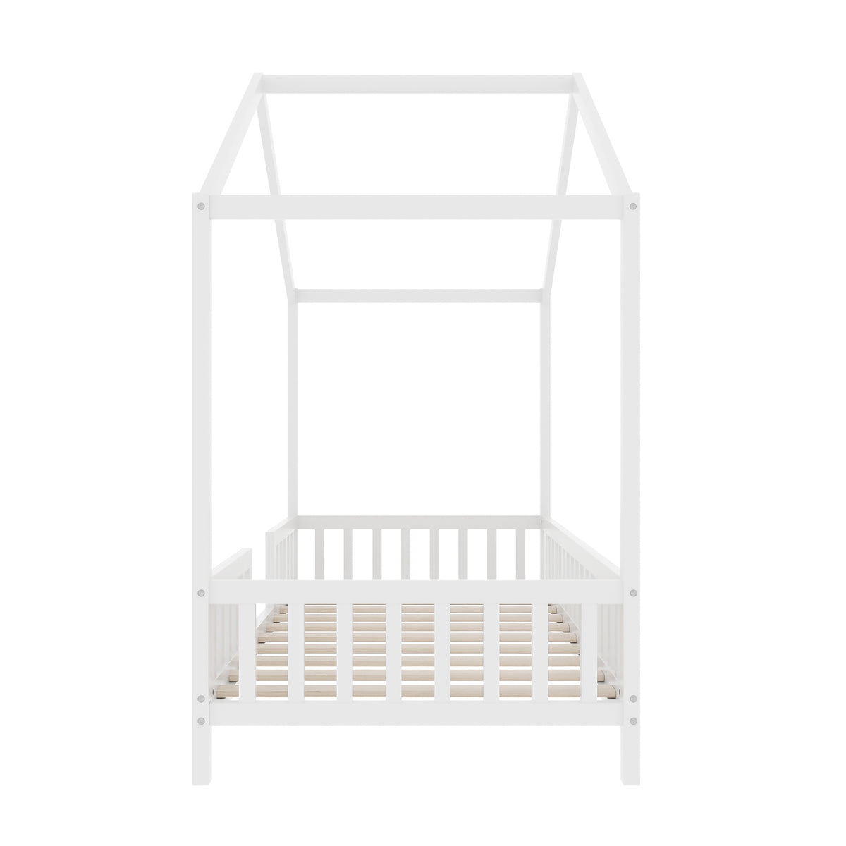 variant-group:rf-n733p356043k|Roomfitters Twin Montessori Floor Bed with Canopy, House Shape Wood Frame with Safety Rails, Youth Platform Bed, White