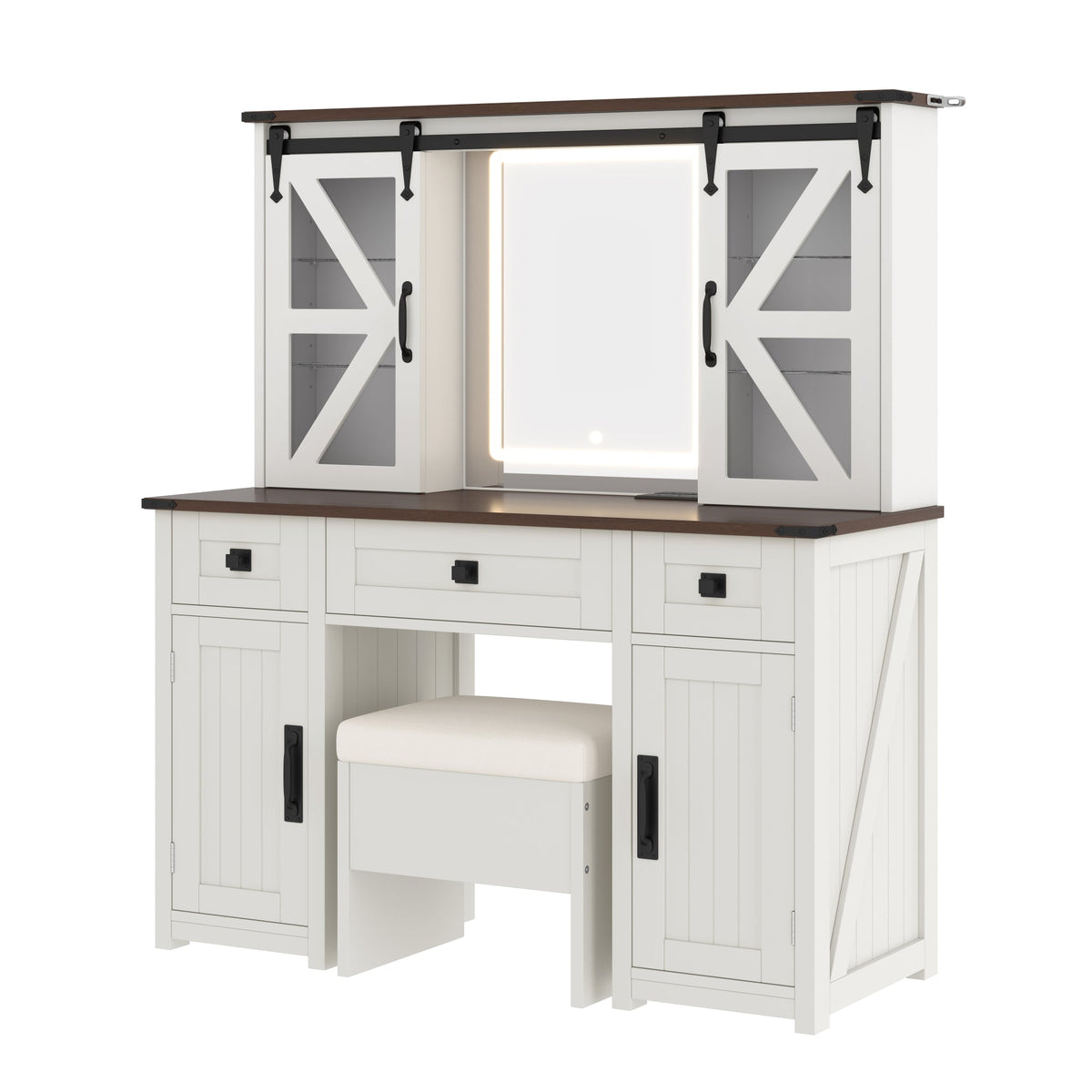 Roomfitters Farmhouse Makeup Vanity Desk with Lighted Mirror, Vanity Table Set with Storage Stool, Charging Station, Beige Roomfitters