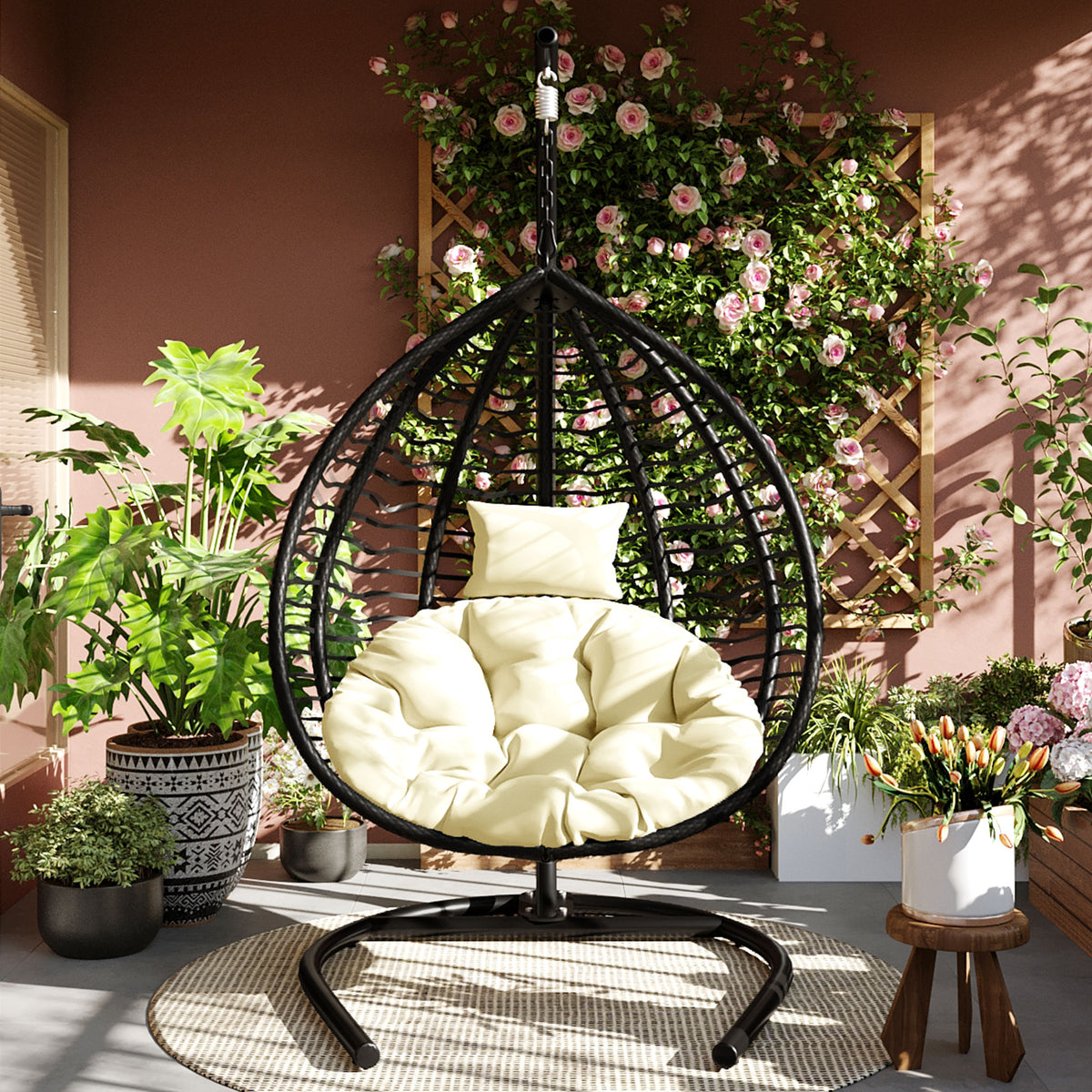 variant-group:rf-n711p389502a|Roomfitters Indoor Outdoor Hanging Egg Hammock Chair with Stand, Wicker Rattan Swing for Patio and Bedroom, Black+Beige