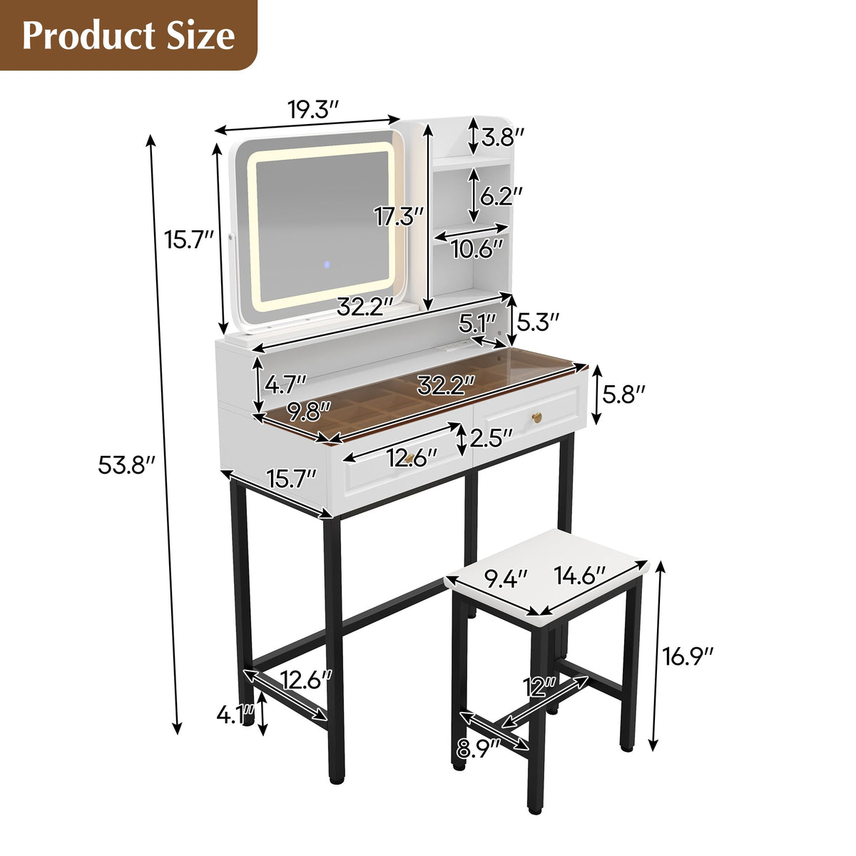 Roomfitters Makeup Vanity with LED Lighted Mirror, Glass Top, Charging Station and Storage Hutch, Vanity Table Set, Black+White Roomfitters