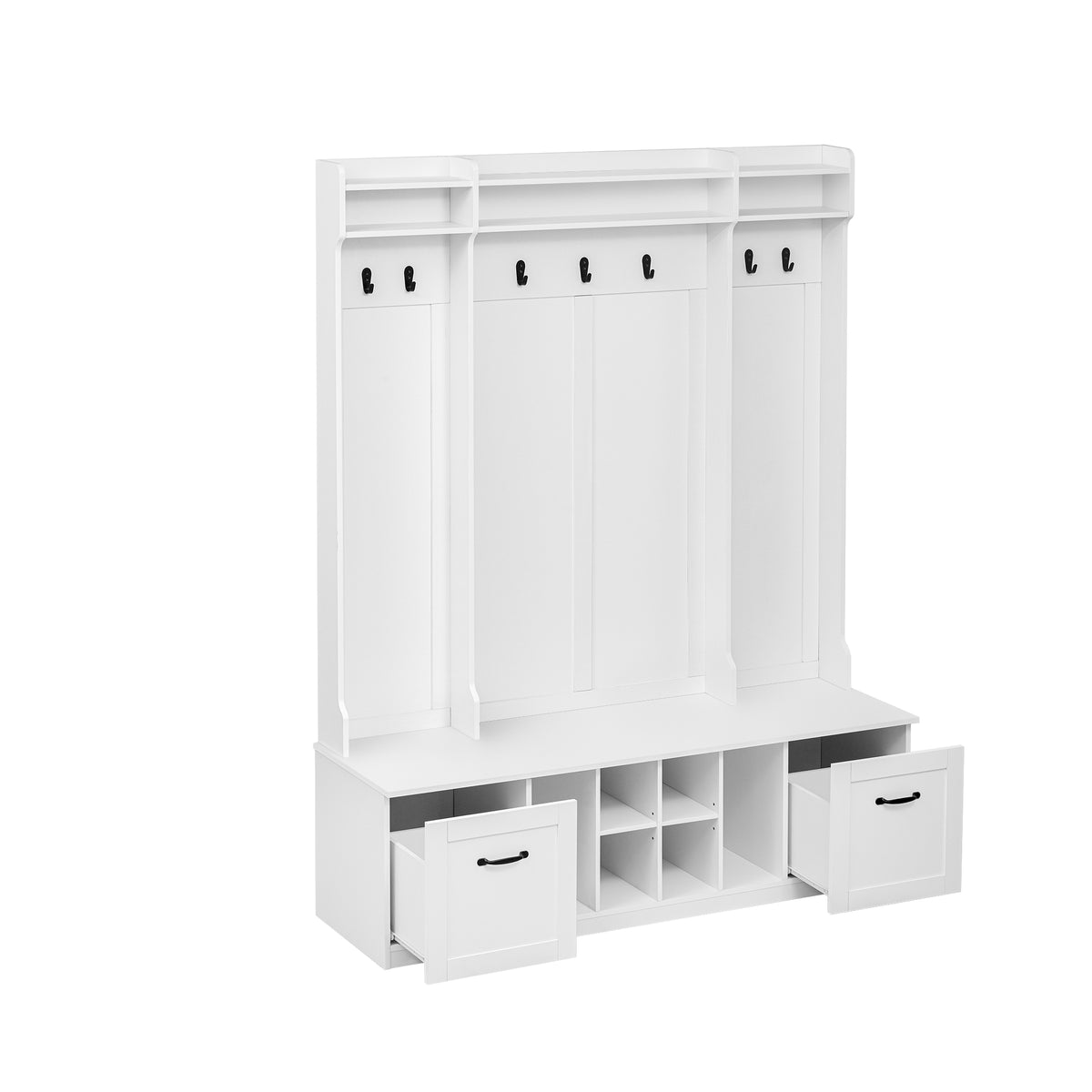 variant-group:rf-n724p235232k|Roomfitters 5-in-1 Entryway Bench with Coat Rack, Hooks, Drawers and Adjustable Shelves, Hall Tree for Hallway or Living Room, White