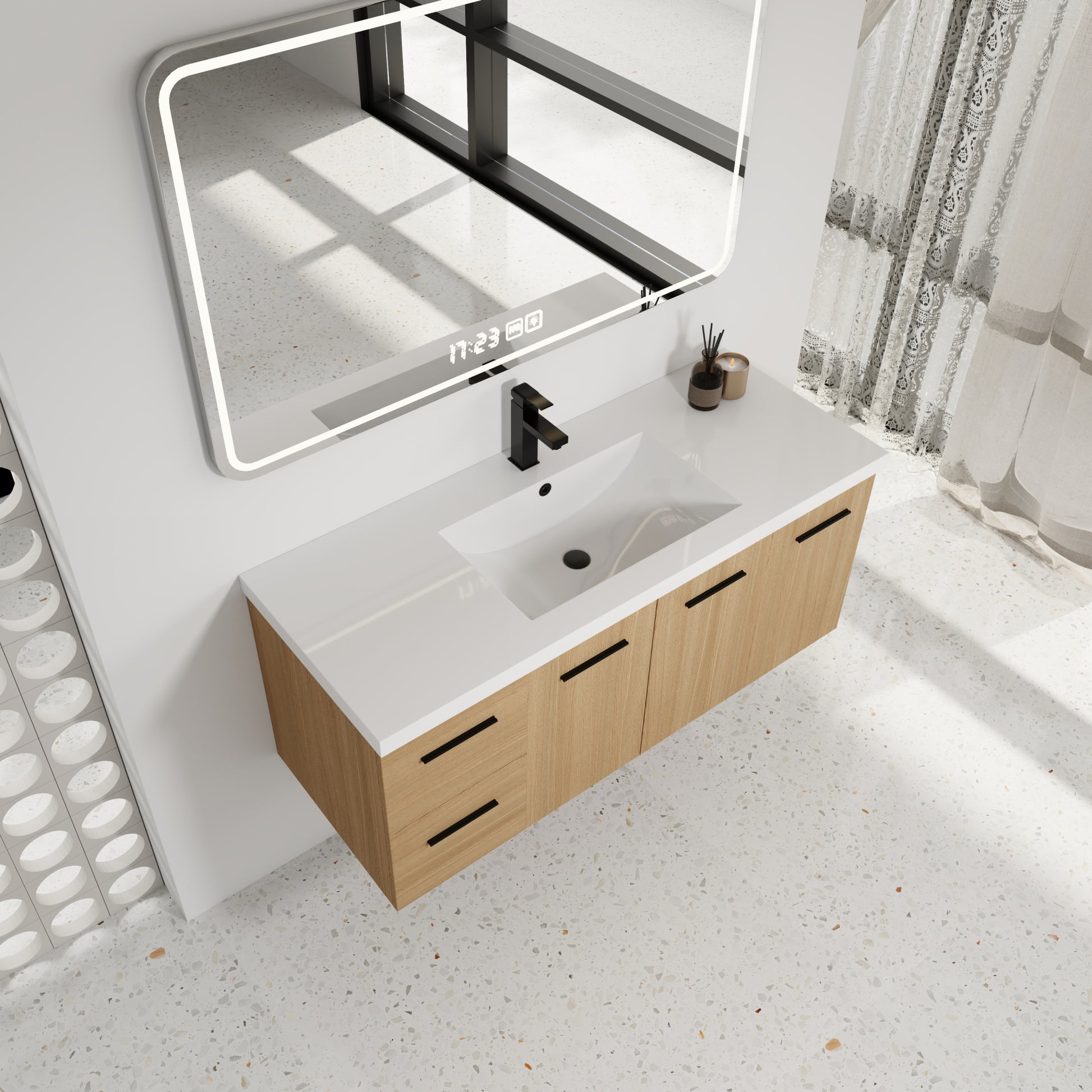 48" Light Oak Floating Bathroom Vanity with Sink, Modular 3-Piece Cabinet (2-Door + 1-Door + 2-Drawer), Gel-Coat Integrated Sink Top, Wall-Mounted, 4 Packages