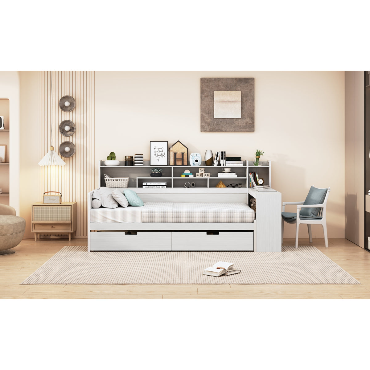 variant-group:rf-n733s241484k|Roomfitters Wooden Twin Size Daybed with Storage Shelves, Multi-functional Bed with Two Storage Compartments and Study Desk, Antique White