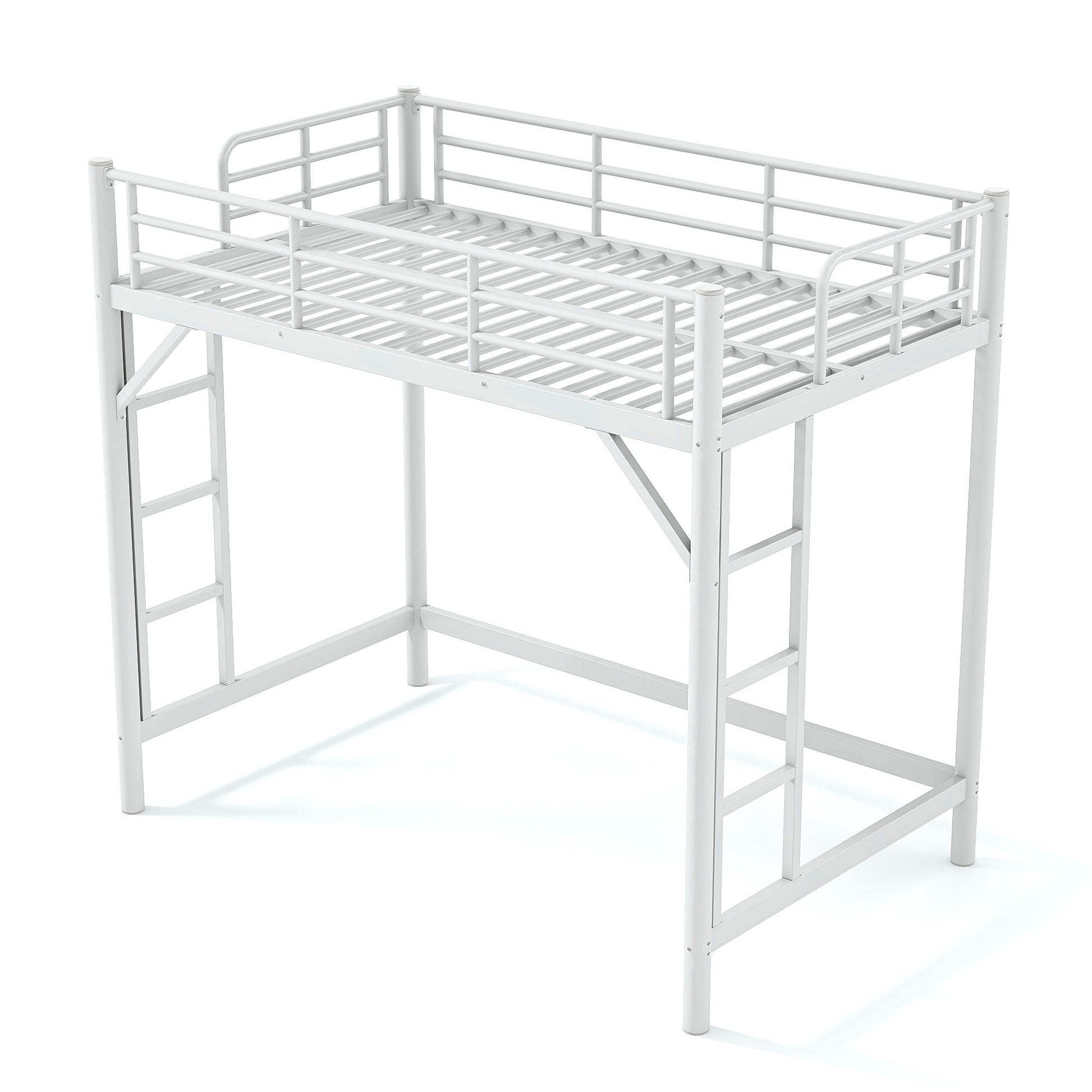 variant-group:rf-w1580p455012|Roomfitters Twin Size Metal Loft Bed Frame with Guardrails, Heavy Duty Space Saving High Loft Bed Dual Ladders, White