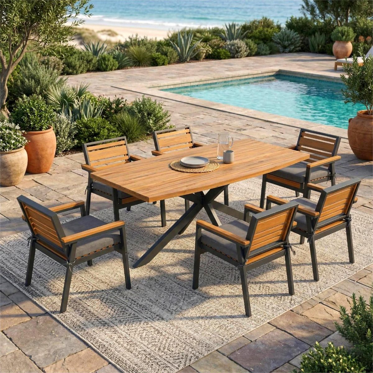 variant-group:rf-n704g201259e|Roomfitters Modern 7-Piece Patio Dining Set with Powder-Coated Iron Frame and Detachable Gray Cushions