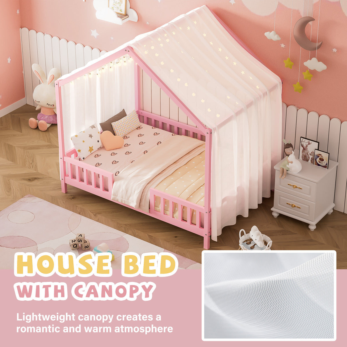 variant-group:rf-n733p356048h|Roomfitters Full Montessori Floor Bed with Canopy, House Shape Wood Frame with Safety Rails, Platform Bed, Pink
