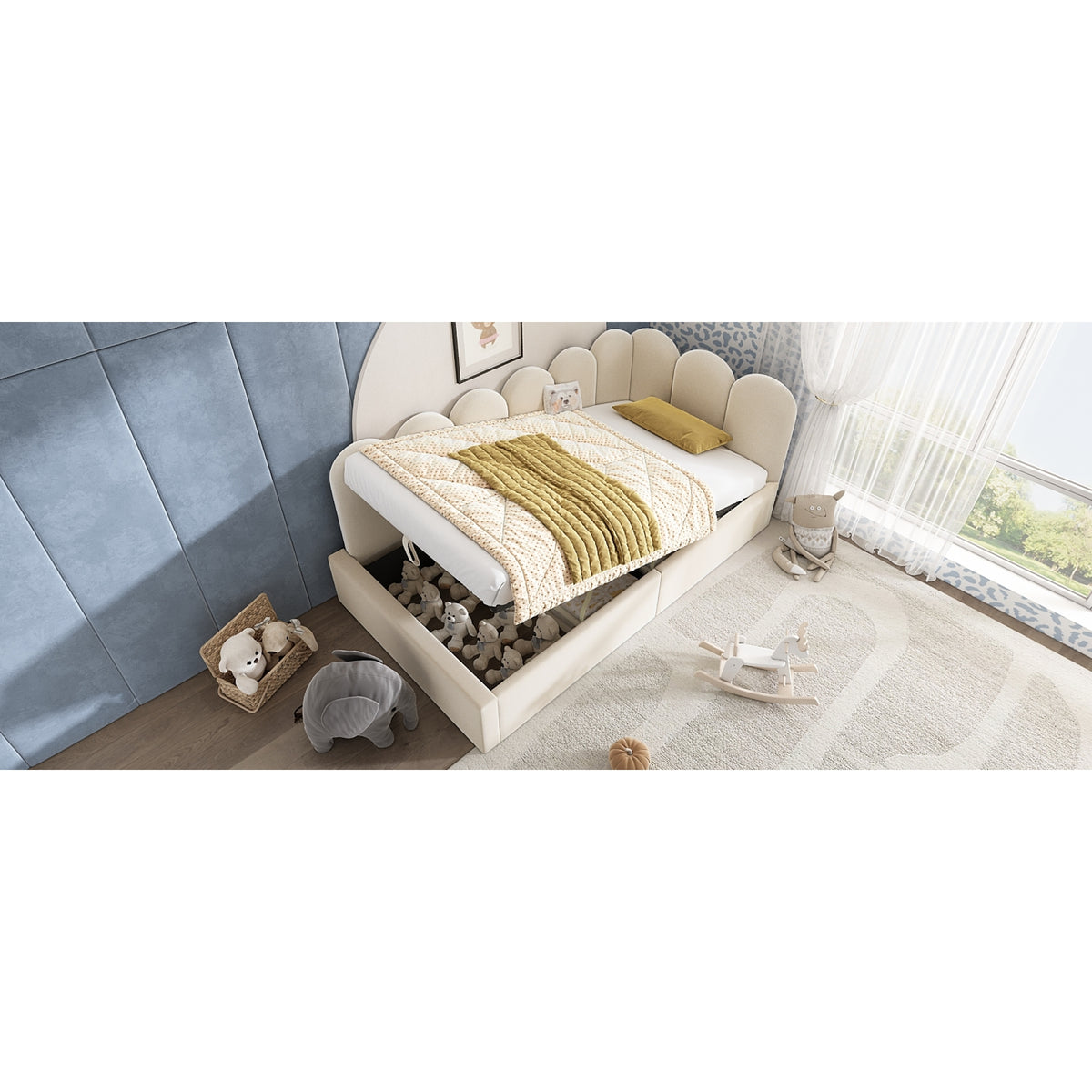 variant-group:rf-n736p333613b|Roomfitters Upholstered Twin Size Ottoman Daybed with Storage, Sofa Bed with Metal Slat Frame, Velvet Beige