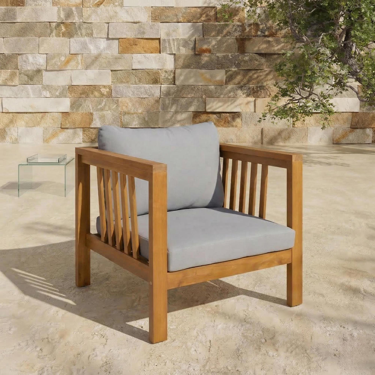 variant-group:rf-n704p448452e|Roomfitters Outdoor Acacia Wood Club Chair with Modern Mid-Century Square Arms and Thick Cushion Gray