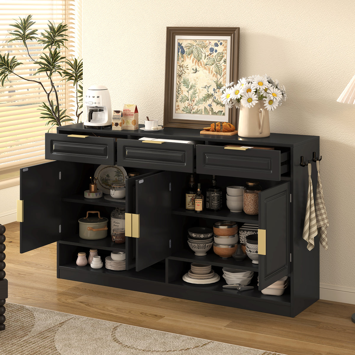 variant-group:rf-n711p345213b|Roomfitters 59.1" Farmhouse Sideboard Buffet Cabinet with 3 Drawers and 4 Doors, Kitchen Storage with Open Shelf, Black