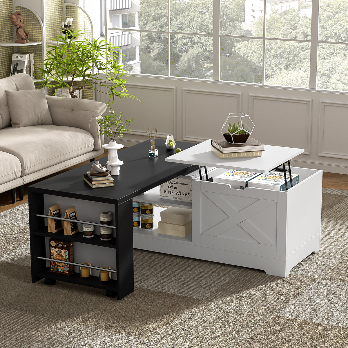 variant-group:rf-n724p351732k|Roomfitters Farmhouse Lift Top Coffee Table with Barn Doors and Outlets, White & Black