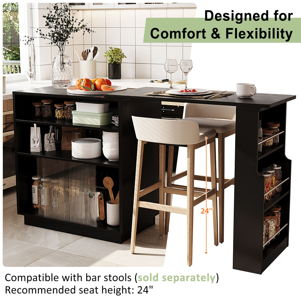 variant-group:rf-n711p437809b|Roomfitters Black MDF Counter Height Kitchen Island Sideboard Cabinet, Extendable Table, Acrylic Sliding Doors