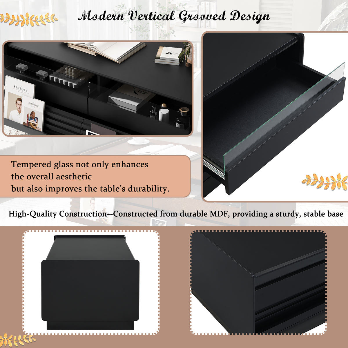 variant-group:rf-n724p286421b|Roomfitters Rectangle Coffee Table with Fluted Style, 4 Storage Compartments and Glass Display Shelves, Black
