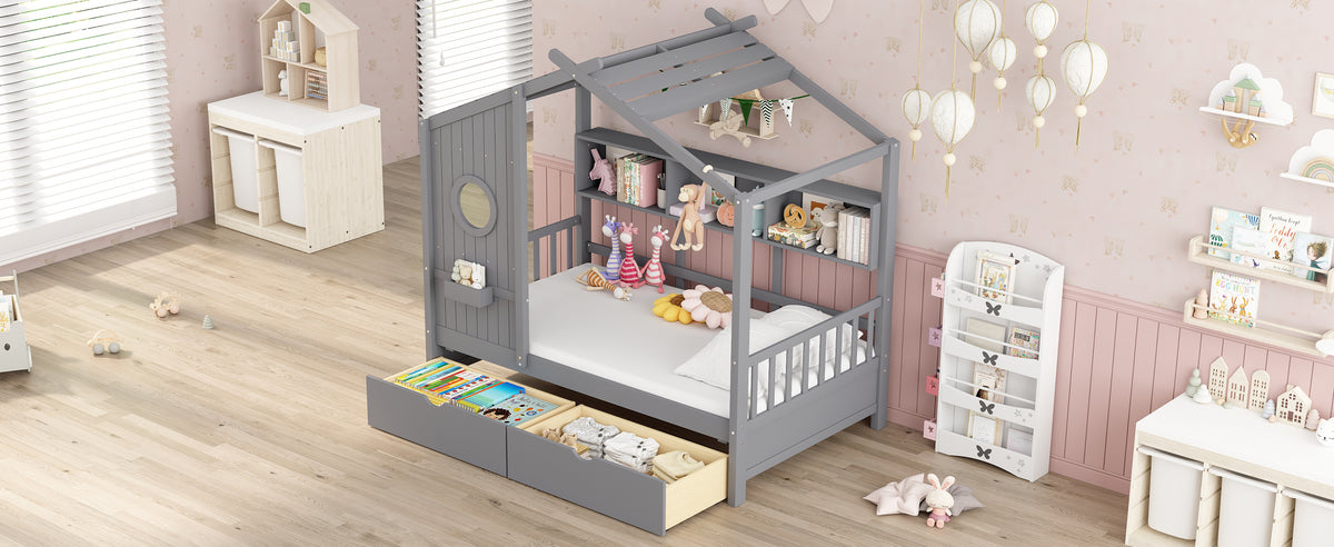 variant-group:rf-n733s308483e|Roomfitters Wooden Twin Size House Bed with 2 Drawers and Storage Shelf, Gray