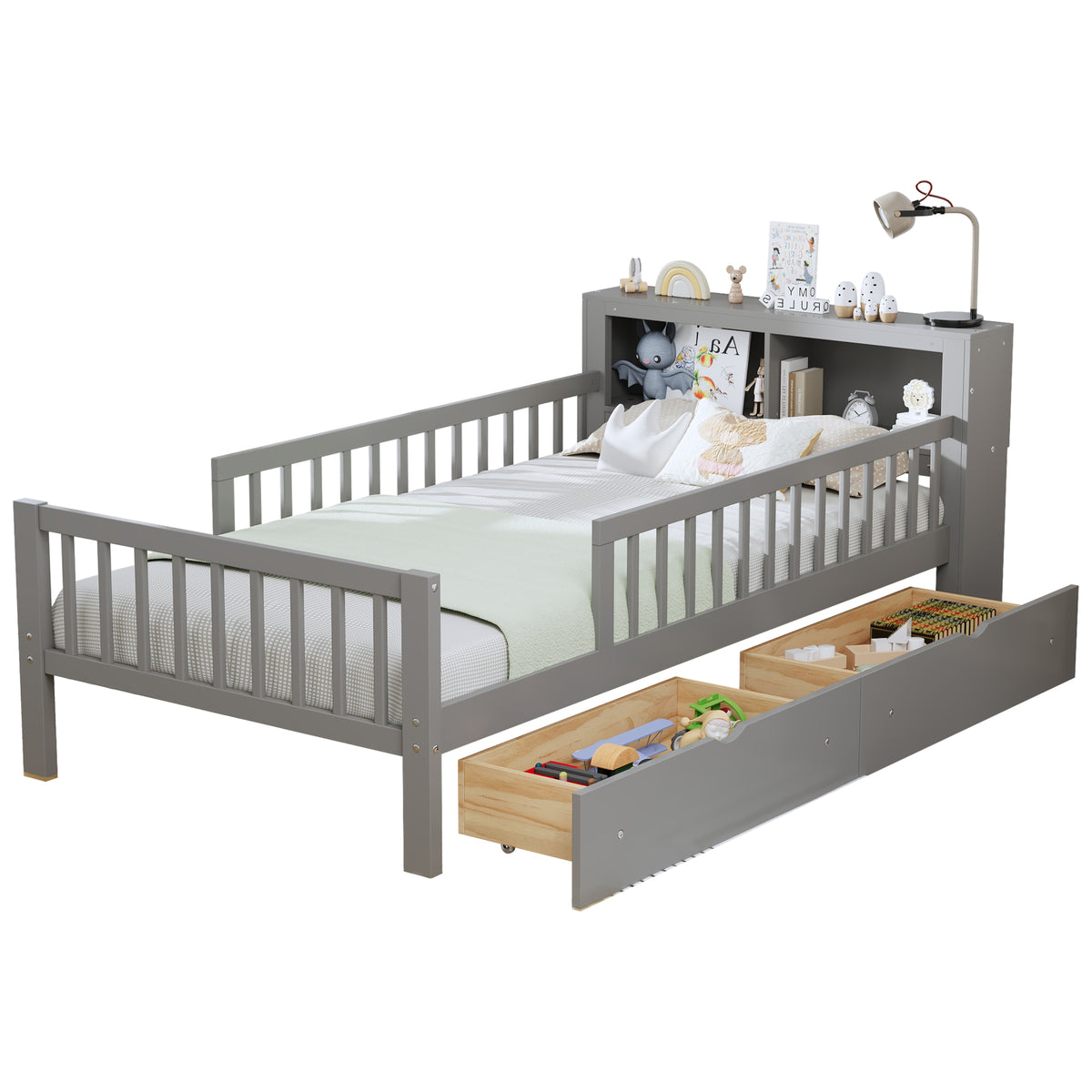 variant-group:rf-n733p272374e|Roomfitters Twin Bed with Headboard Storage Rack, Under-Bed Storage and Three-Side Guardrails, Gray