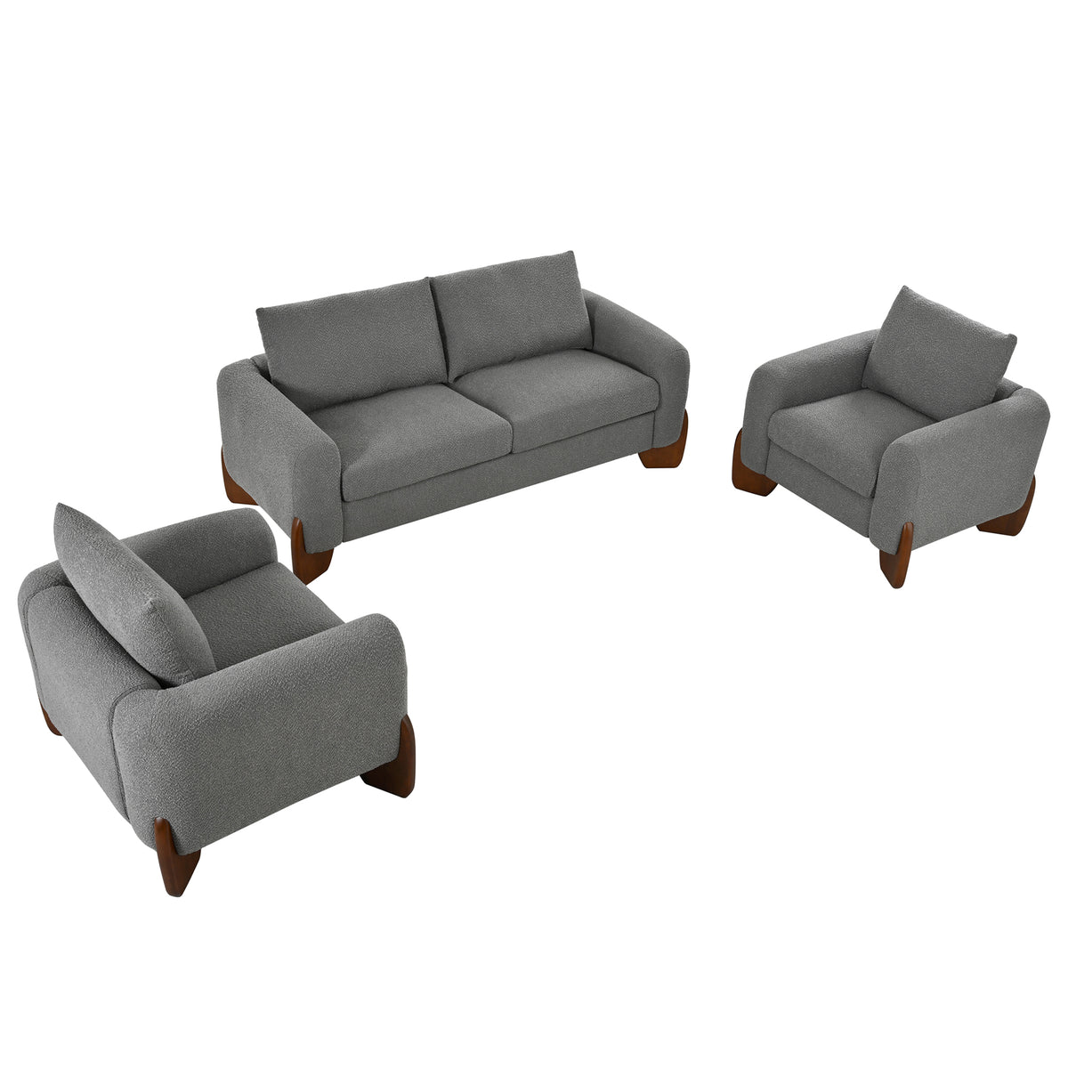 variant-group:rf-n711wy000479aae|Roomfitters Modern 3-Piece Living Room Sofa Set, Bouclé Fabric Loveseat and 2 Armchairs Pack, Grey Pinewood Lounge