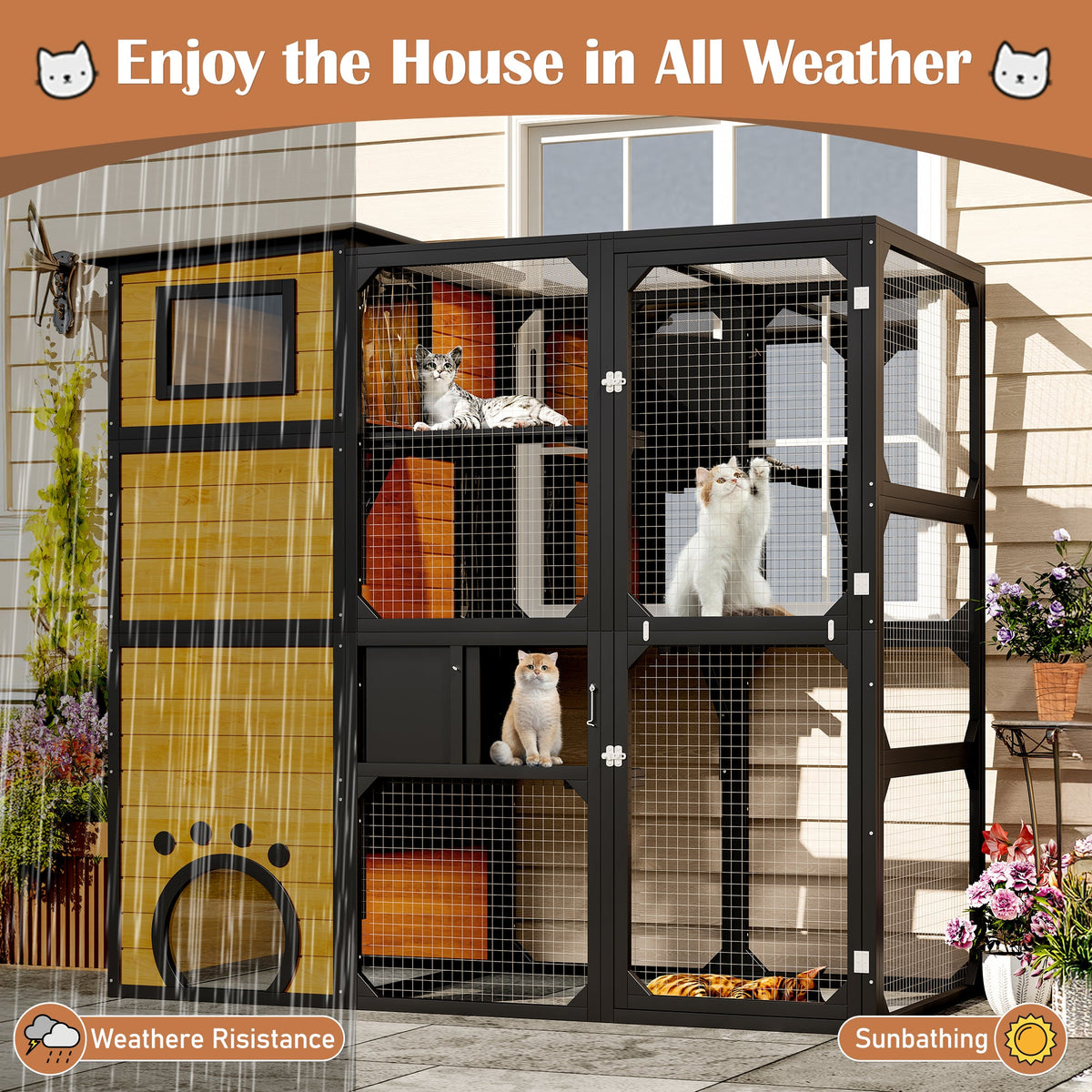 Roomfitters Large Outdoor Cat Catio Enclosure Weatherproof Attached to Window Multi-Tier Cat House Brown Roomfitters