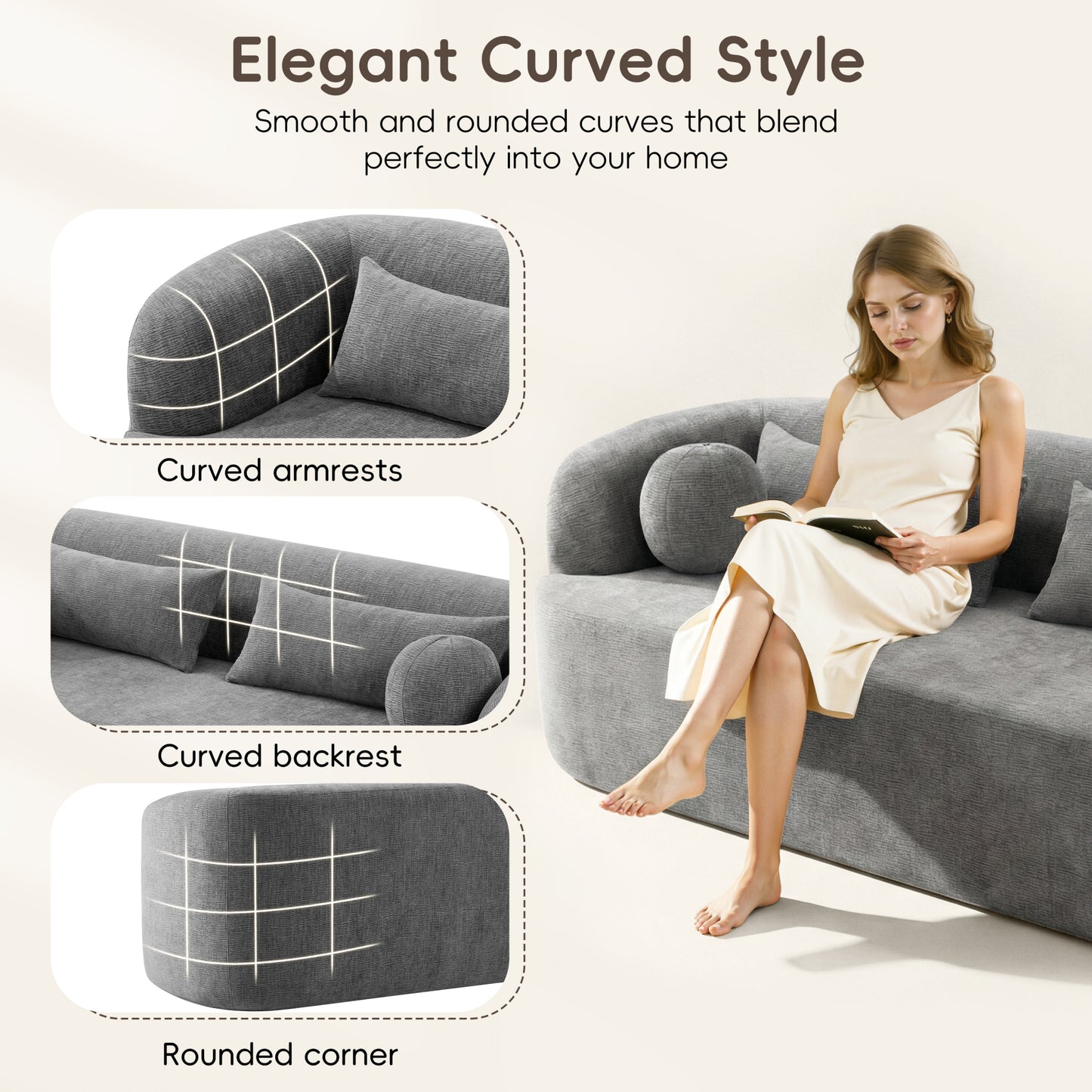 variant-group:rf-n723p404465e|Roomfitters 86 Inch Modern Curvy Sofa, 3-Seater Rounded Upholstered Couch with Plush Throw Pillows for Living Room, Gray