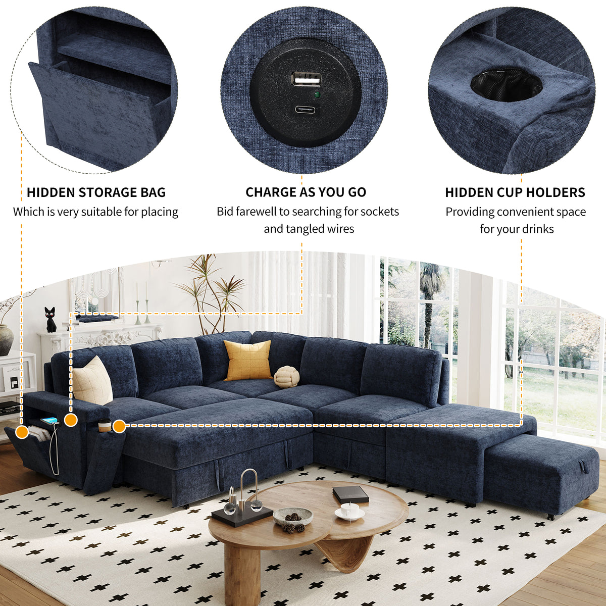 variant-group:rf-n711wy000390aac|Roomfitters L-Shaped Padded Modular Sofa with Storage Space, USB Ports, and Cup Holders on the Armrests, Suitable for Living Rooms, Offices, and Apartments, Blue