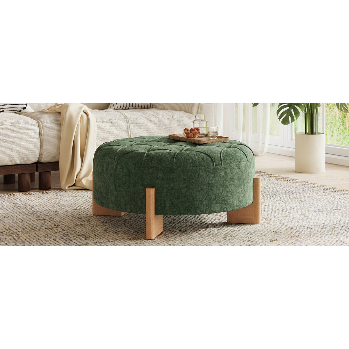 variant-group:rf-n723p405298g|Roomfitters 32 Inch Oversized Round Button-Tufted Ottoman, Upholstered Coffee Table Footrest with Wood Legs, Green
