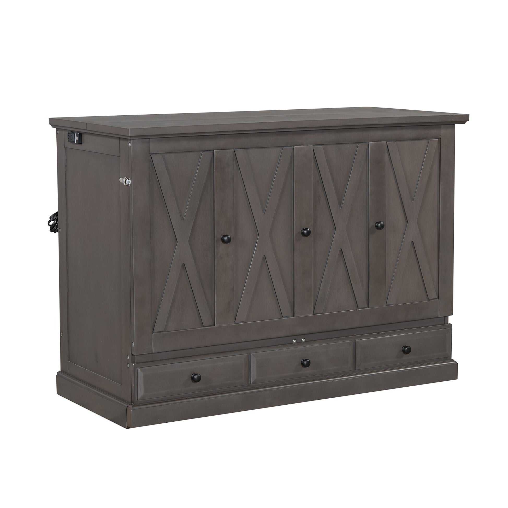 Roomfitters Full Size Solid Wood Murphy Bed Chest Cabinet, Farmhouse Wall Bed Charging Station Storage Drawer, Grey Roomfitters