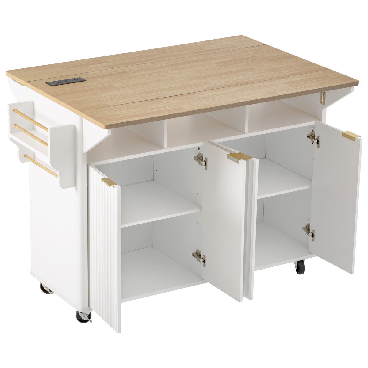 variant-group:rf-n707p353934w|Roomfitters 55.5" Fluted Kitchen Island with Double Drop Leaf, White Storage Cart with Power Outlet & Wood-grain Top