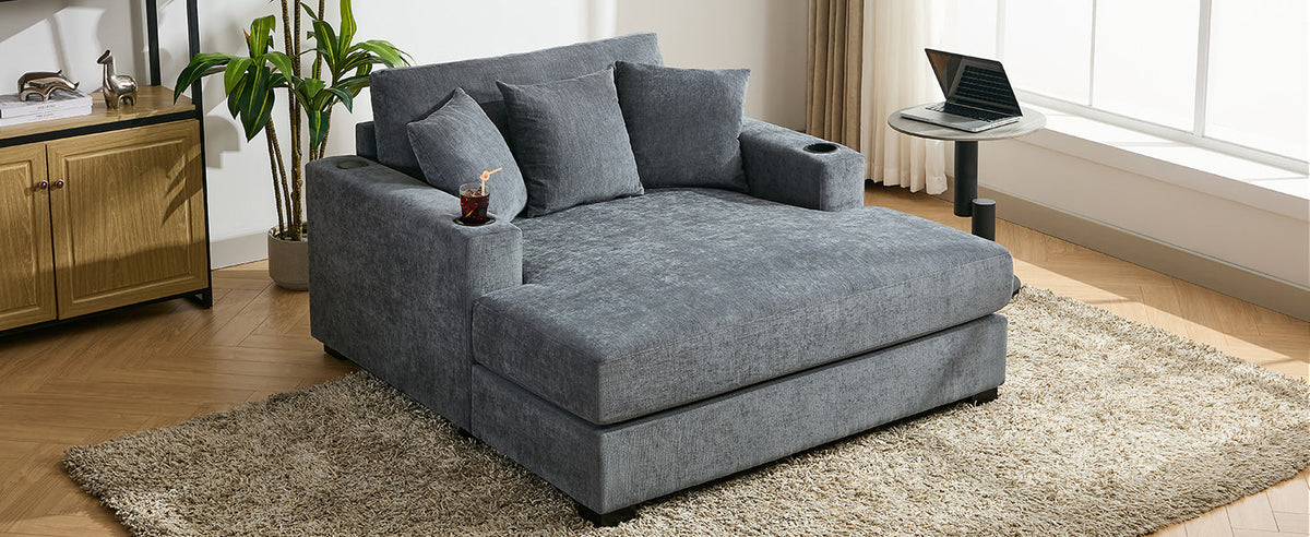 Roomfitters Oversized Chaise Lounger Sofa Couch, Upholstered Accent Chair Charge Station Cup Holders, Blue Gray