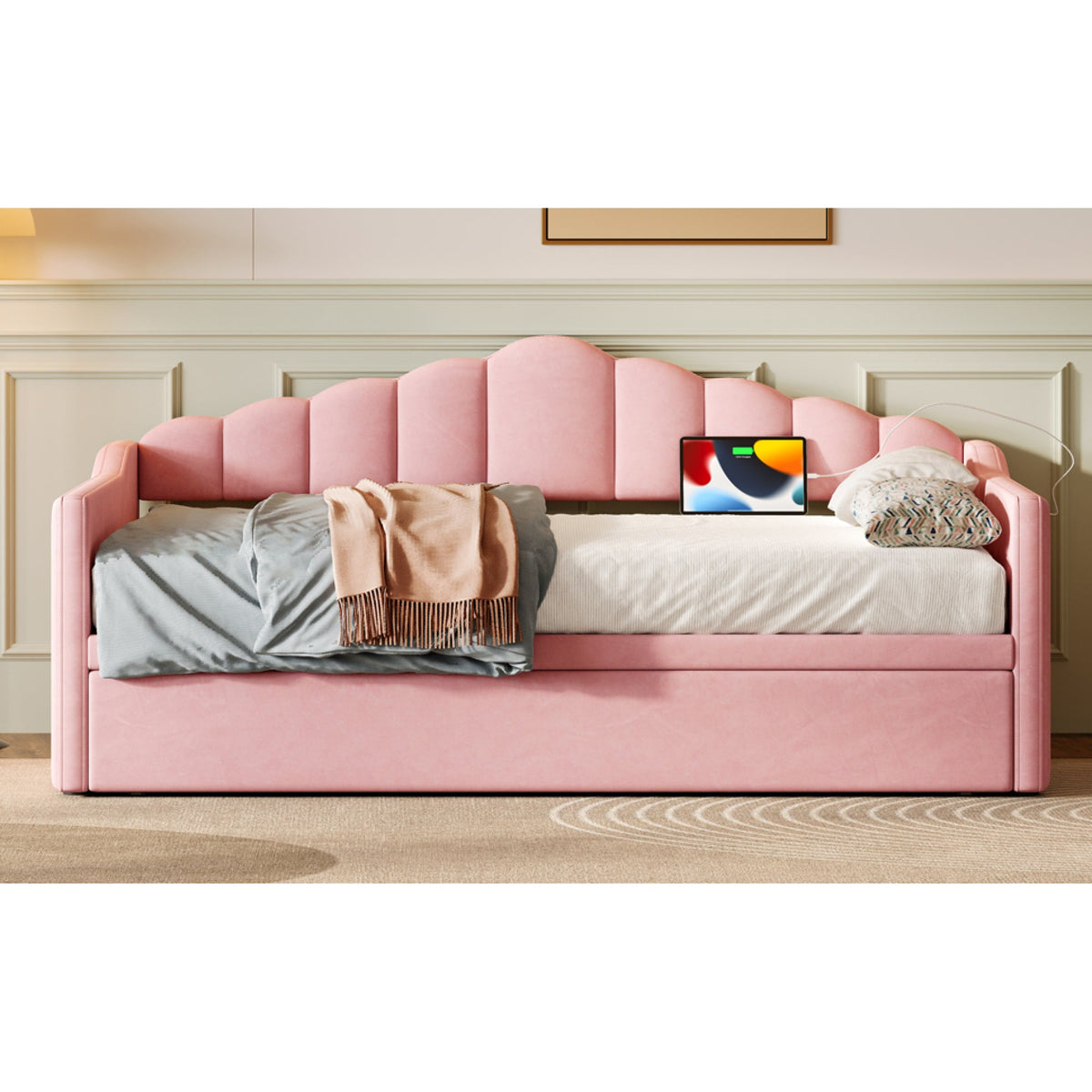 Roomfitters Upholstered Twin Size Daybed with Adjustable Pop-Up Trundle, Sofa Bed with USB & Type-C Ports and Side Pockets, Pink