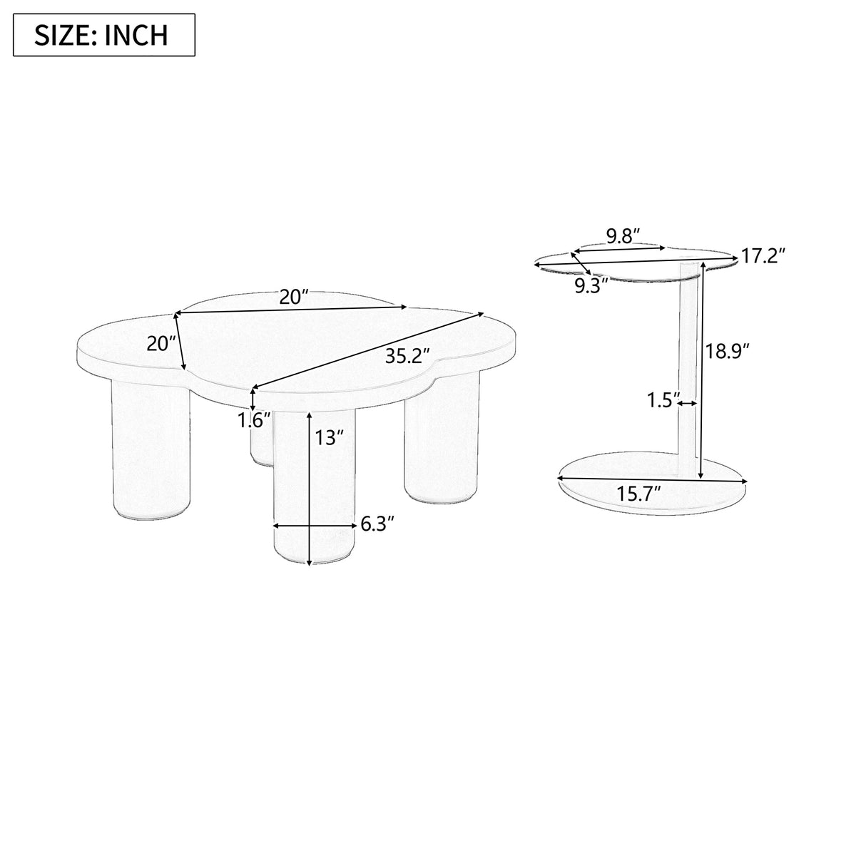 Roomfitters Modern Coffee Table Set of 2 with Irregular Shape and Glass End Table, Roman Column Legs, White Roomfitters