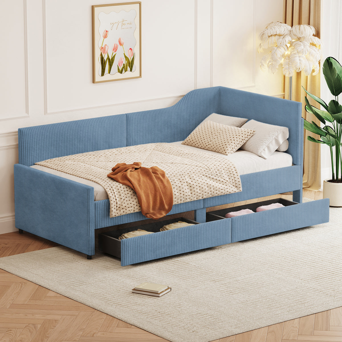 variant-group:rf-n733p171470c|Roomfitters Twin Size L-Shaped Corduroy Daybed, Upholstered Platform Bed Frame with 2 Spacious Storage Drawers for Functional Elegance, Blue