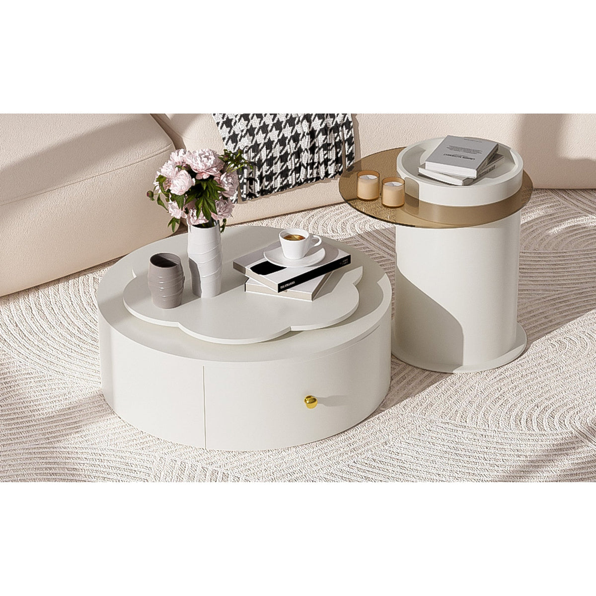 Roomfitters Rotatable Round Coffee Table Set of 2 with Flower-Shaped Top and Glass End Table, Off White Roomfitters