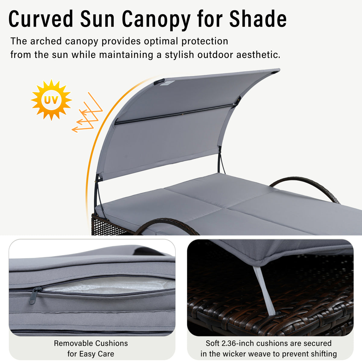 variant-group:rf-n711wy000485aae|Roomfitters Slate Grey HDPE Wicker Outdoor Double Sunbed, Steel Frame Patio Chaise, Hidden Side Tables, Canopy