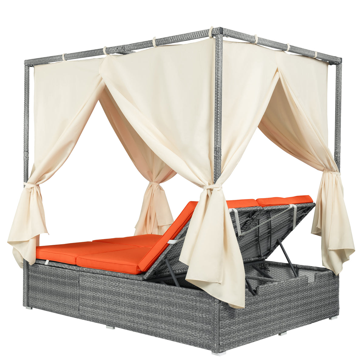 variant-group:rf-n711wy000471aao|Roomfitters Modern Tropical Orange PE Rattan Outdoor Double Sun Lounger, Patio Daybed, Adjustable Recline, Canopy