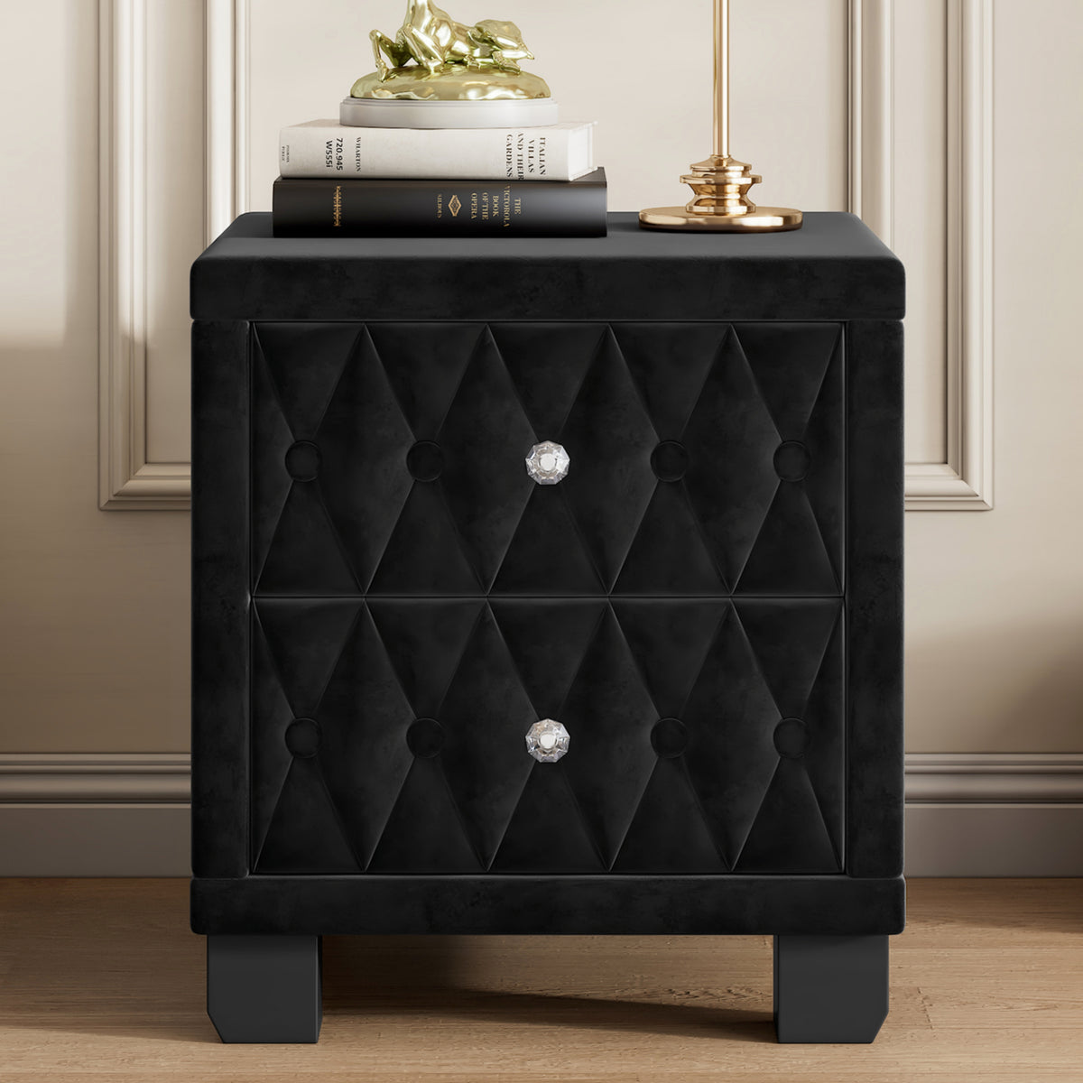 variant-group:rf-n733p210398b|Roomfitters Velvet Nightstand with Crystal Handles, Button-Tufted Upholstered Bedside Table with Two Storage Compartments, Black