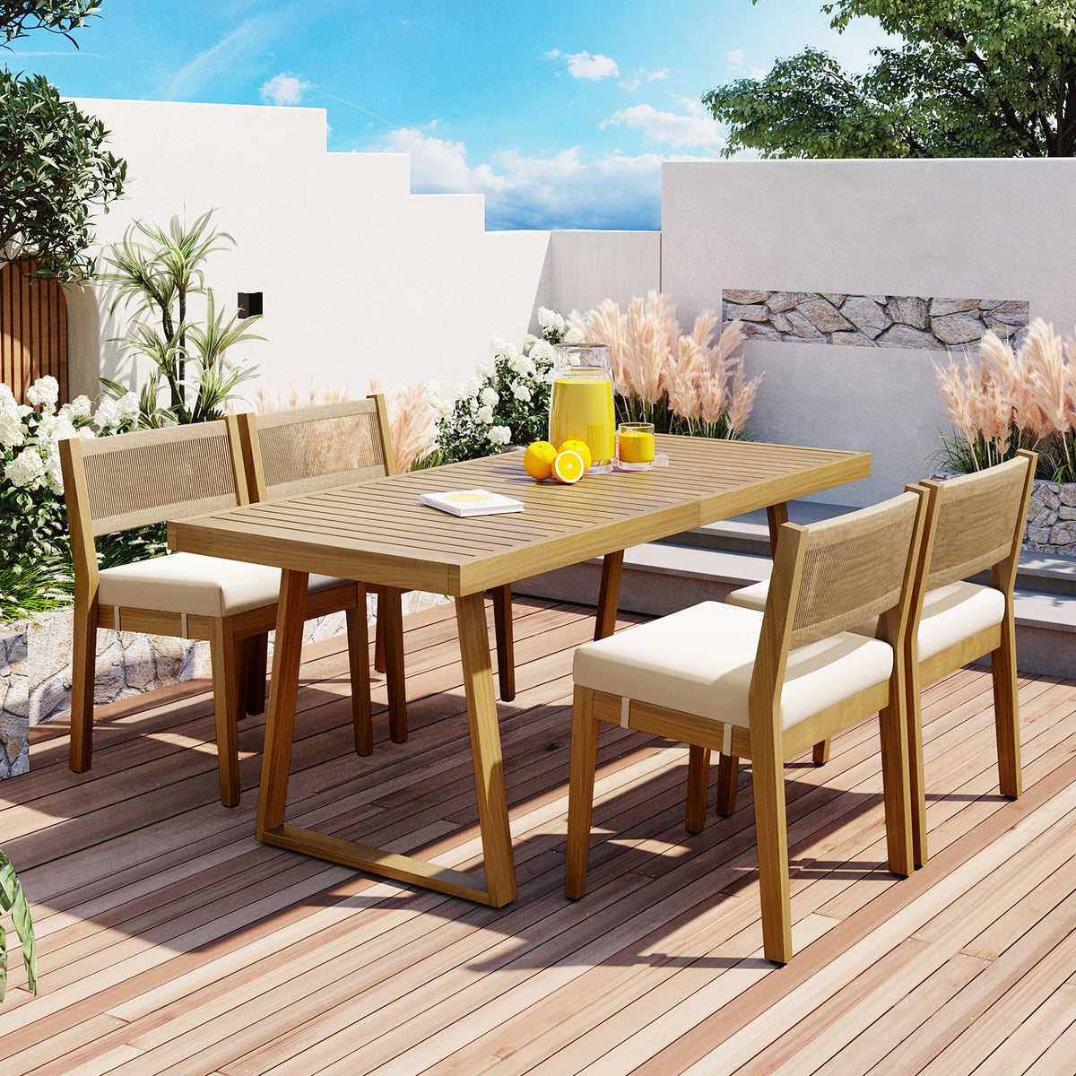 variant-group:rf-n711wy000393aaa|Roomfitters Outdoor Acacia Wood Dining Table and Chair Set with Thick Cushions, Patio Furniture for Garden, Beige