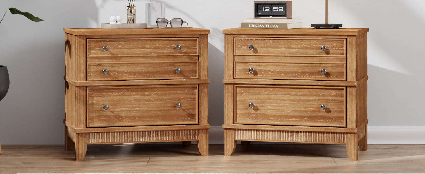 variant-group:rf-n701bs701p183796d|Roomfitters 3 Drawer Farmhouse Wood Nightstand Set of 2, Fully Assembled Bedside Accent Side Table, Felt Lined, Hazel