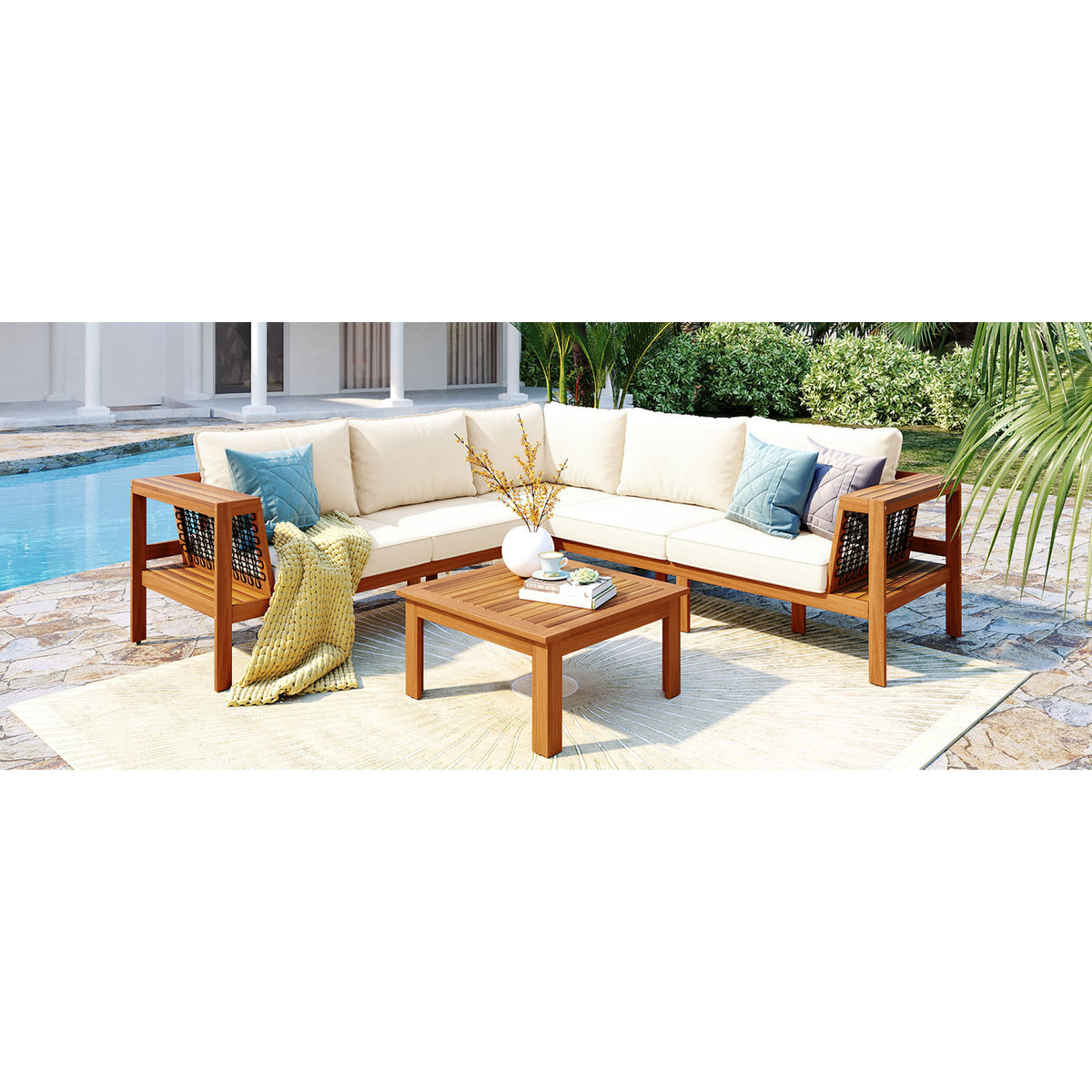 variant-group:rf-n704f201249n|Roomfitters 4-Piece Outdoor Sectional Sofa Set with Coffee Table and Built-in Side Shelves, Wood Frame, Beige+Teak