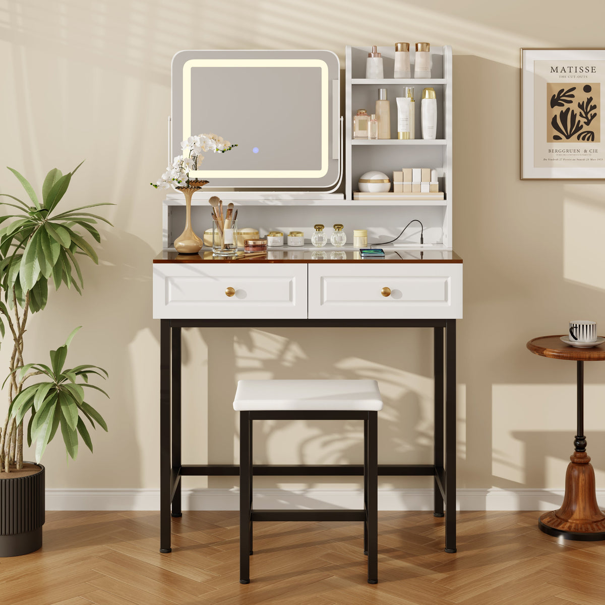 Roomfitters Makeup Vanity with LED Lighted Mirror, Glass Top, Charging Station and Storage Hutch, Vanity Table Set, Black+White Roomfitters