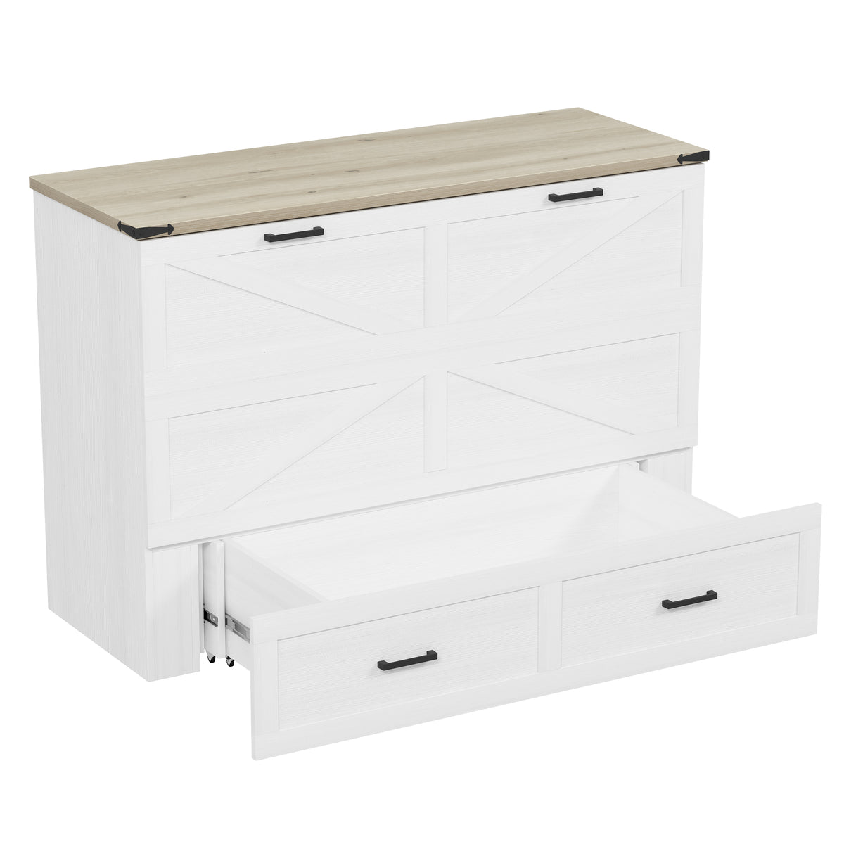 variant-group:rf-n733s361778w|Roomfitters Queen Farmhouse Murphy Cabinet Bed with Charging Station, Foldable Platform Bed with Storage Drawer, White