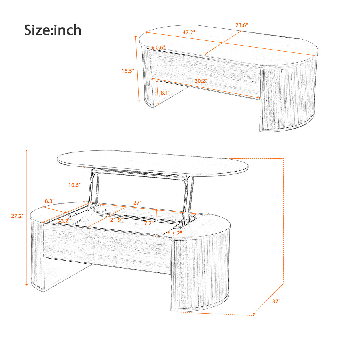variant-group:rf-n724p308481w|Roomfitters Oval Lift-Top Coffee Table with Hidden Compartment, Wooden Center Table with Storage, Modern Design, Light Brown