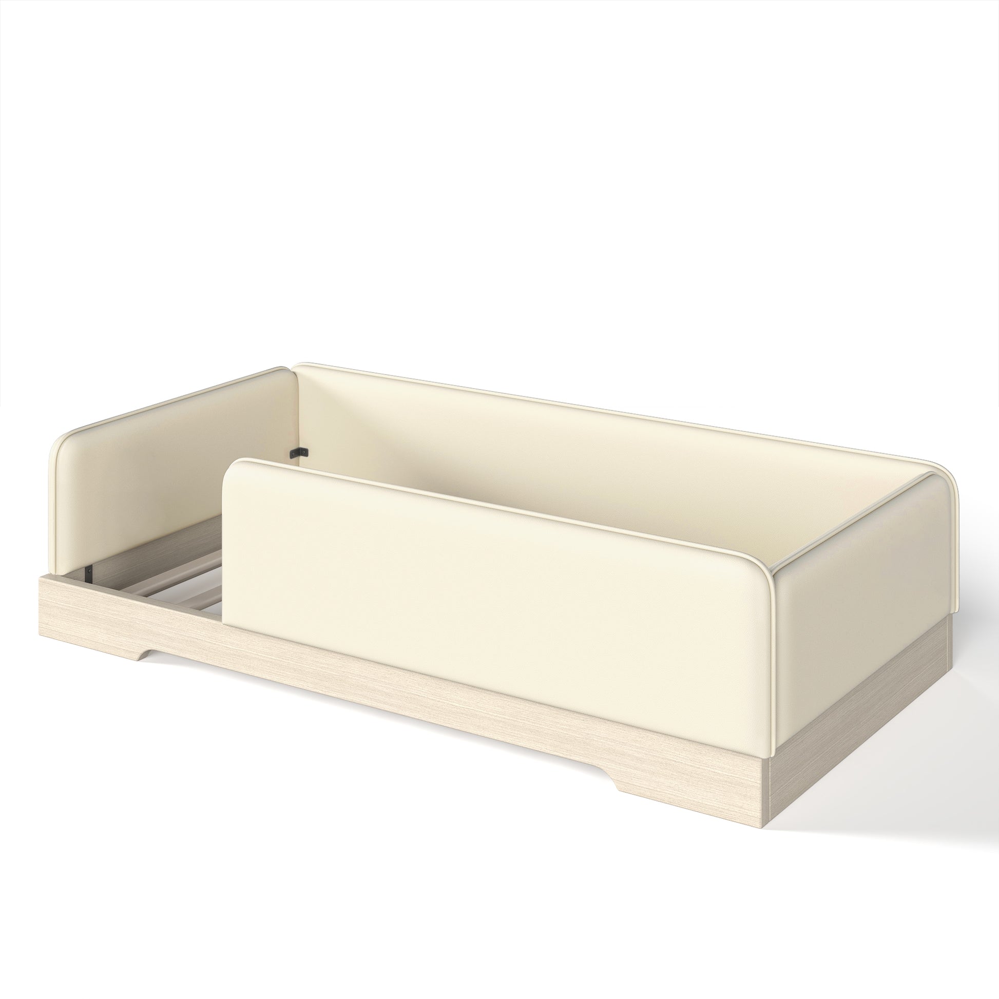 variant-group:rf-w1580p493129|Roomfitters Twin Size Upholstered Floor Bed Frame with Removable Guardrails, Faux Leather Low Profile Platform, Beige