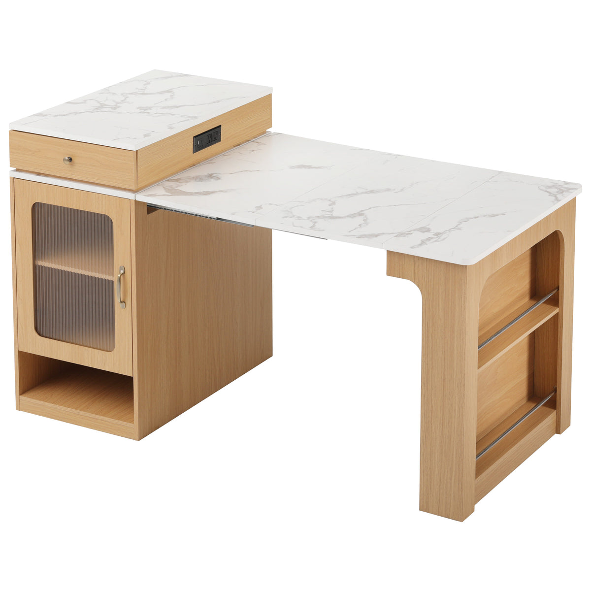 variant-group:rf-n707s000017y|Roomfitters 59.5" Kitchen Island with 41.8" Extendable Dining Table, Double-Sided Storage, Power Outlet, 2 Drawers, Natural