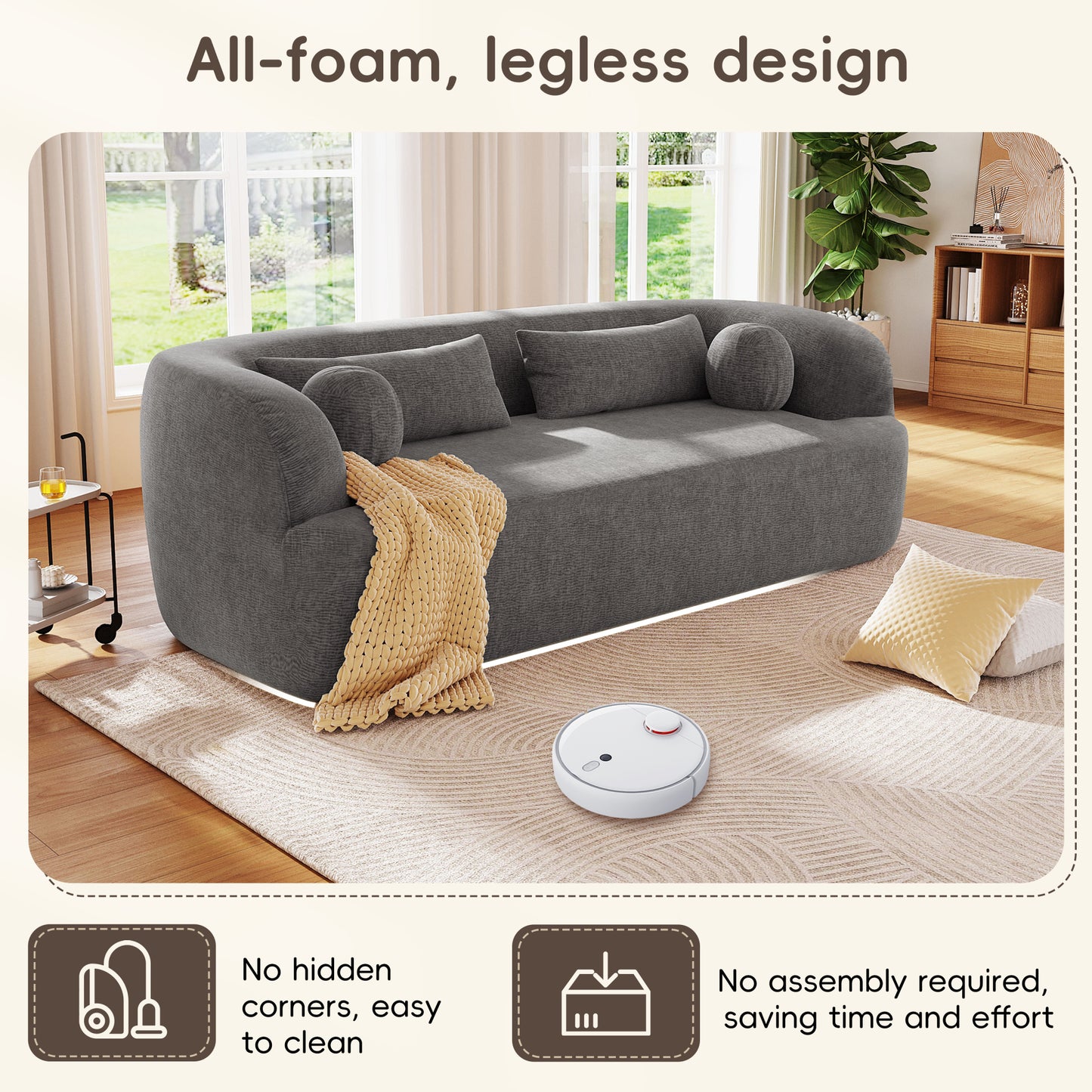 variant-group:rf-n723p404465e|Roomfitters 86 Inch Modern Curvy Sofa, 3-Seater Rounded Upholstered Couch with Plush Throw Pillows for Living Room, Gray