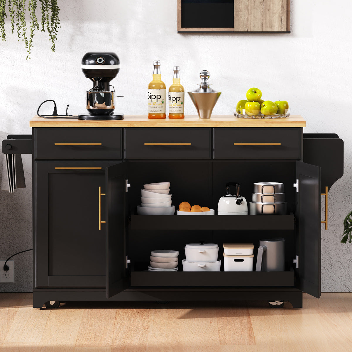 variant-group:rf-n707s299014b|Roomfitters 59.3" Kitchen Island with Power Outlet, Drop Leaf and Double Trash Can Pull Out, Rolling Cart, Black