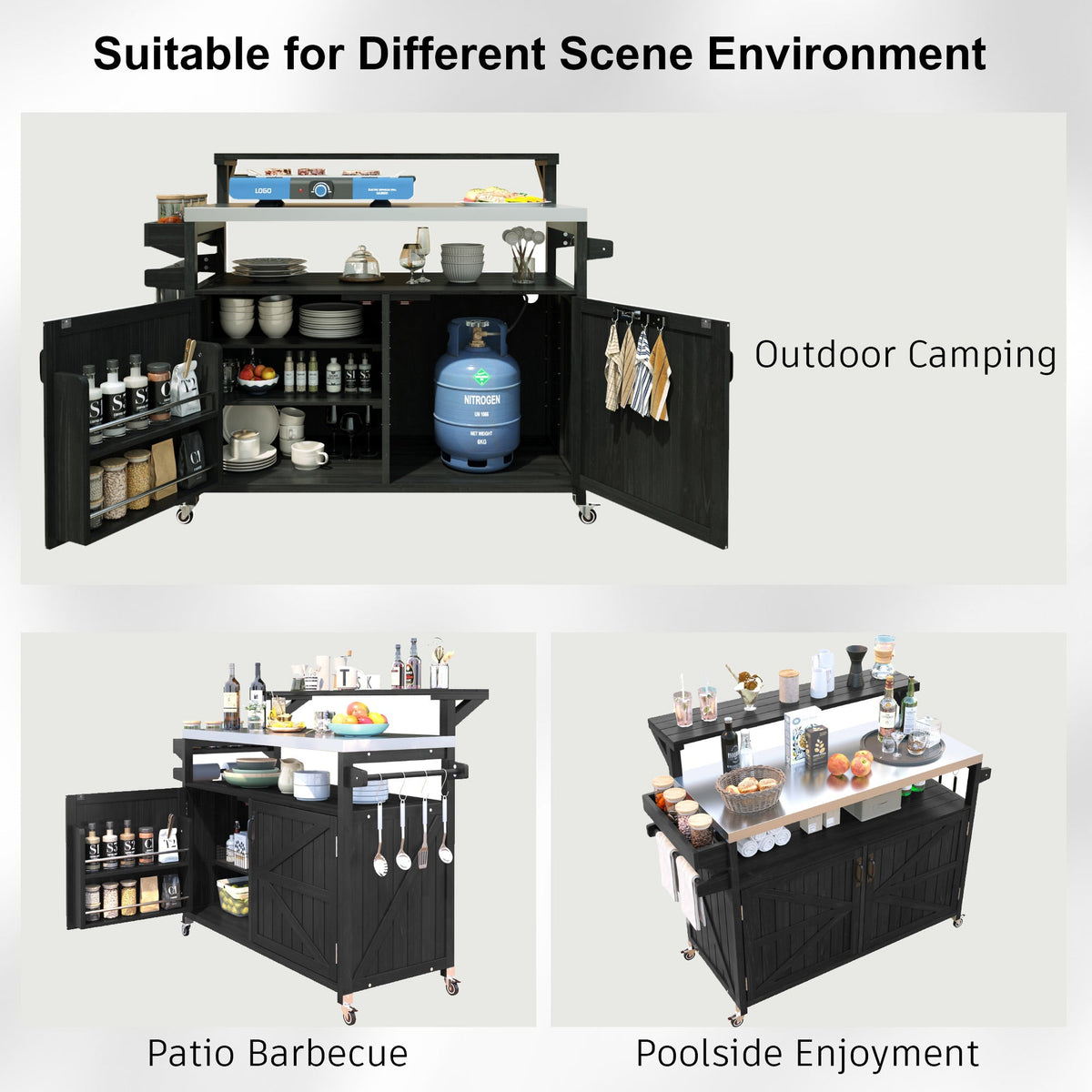 Roomfitters 56.5" Grill Cart, Outdoor Kitchen Island with Stainless Steel Top and Storage Cabinet, BBQ Prep Station, Black
