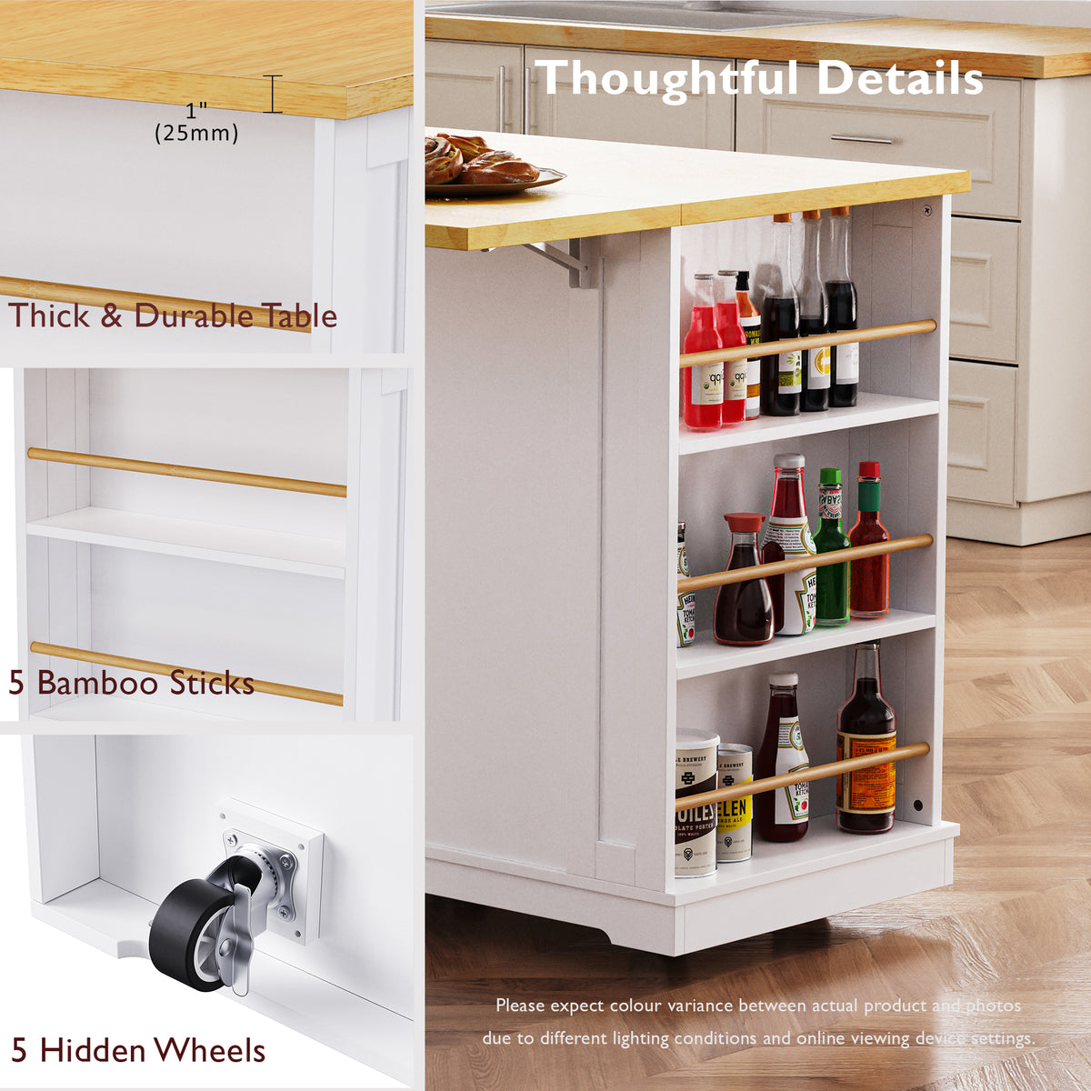 variant-group:rf-n707s257057w|Roomfitters 48" Kitchen Island with Power Outlet and Drop Leaf, Rolling Storage Cabinet with Wood Top and Spice Rack, White