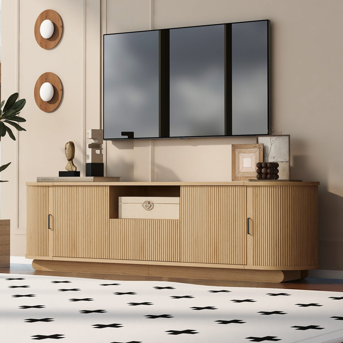 Roomfitters American Style TV Stand Console with Hidden Sliding Doors, Acacia Wood Roomfitters
